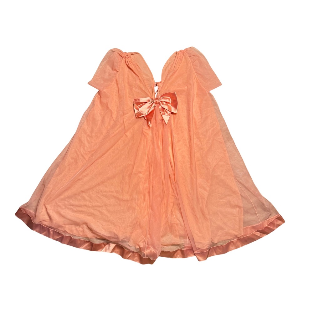 Vintage LALA Sheer Peach Babydoll Nightgown Satin Bow Chiffon Lingerie Dress